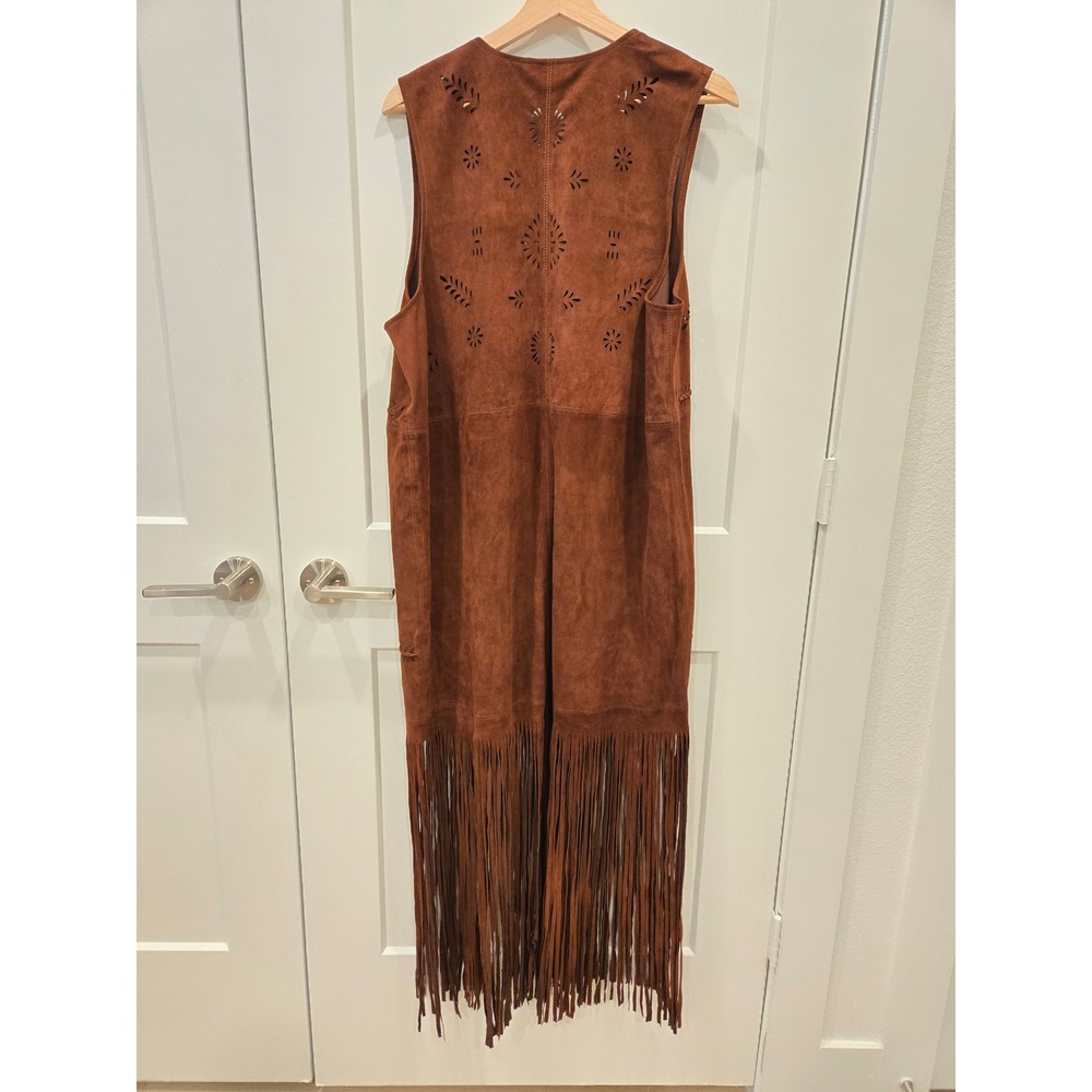 Sundance Brown Leather Suede Boho Fringe Duster Vest Laser Cut Floral Large - Picture 8 of 12